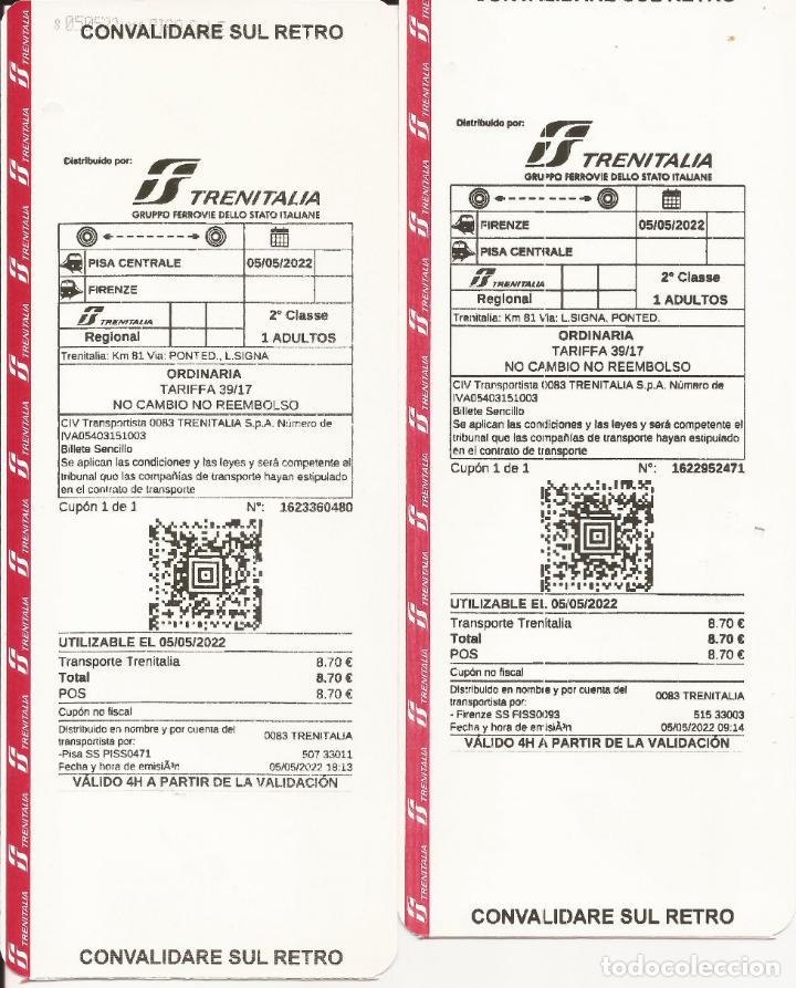 Collectionnisme Billets de transport: BILLETE, TRENITALIA, PISA-FLORENCIA Y FLORENCIA-PISA, ITALIA,