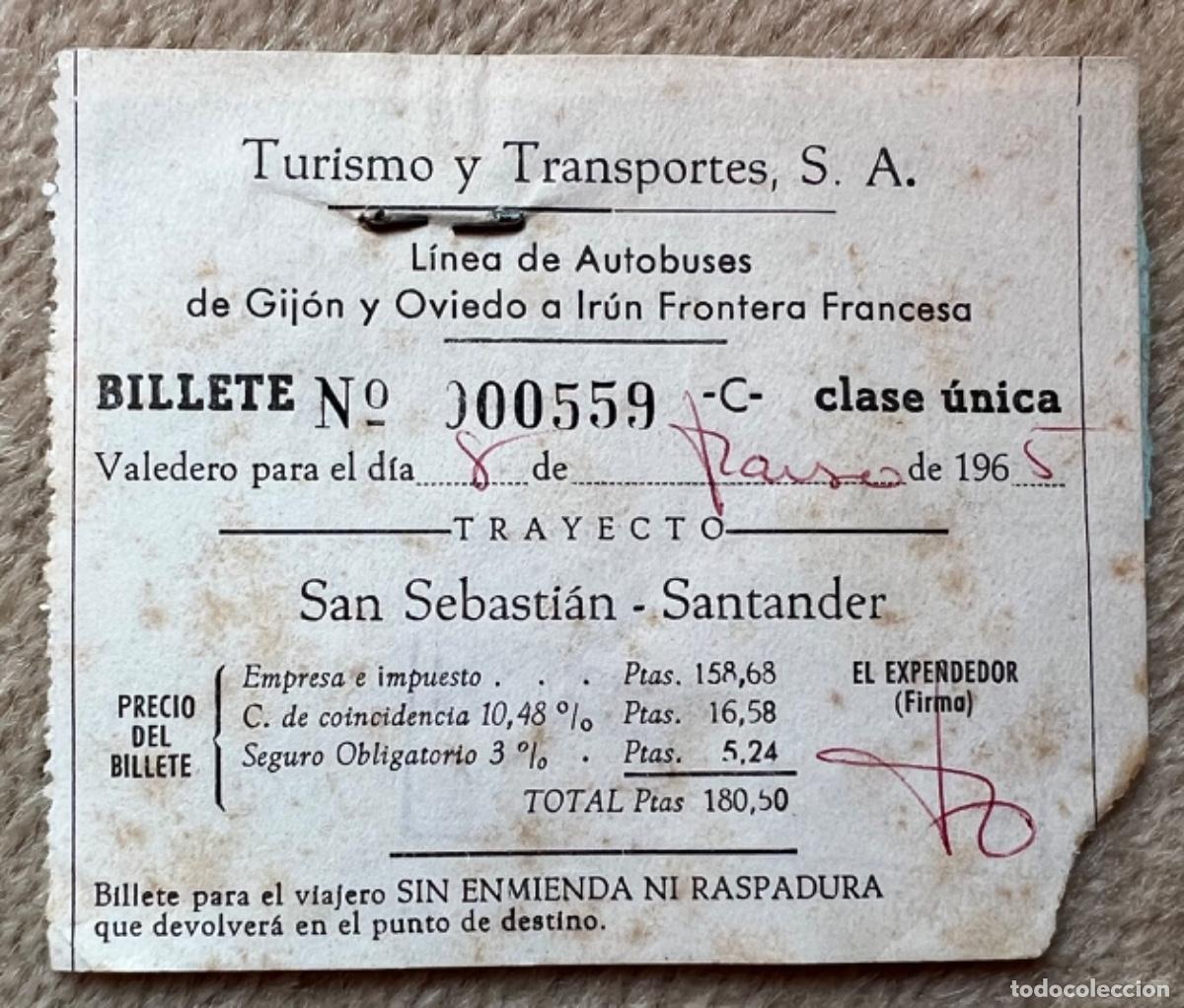 Collectables Transport Tickets: Billete de autob&uacute;s San Sebasti&aacute;n - Santander - A&ntilde;o 1965 (Turismo y Transporte, S.A.)