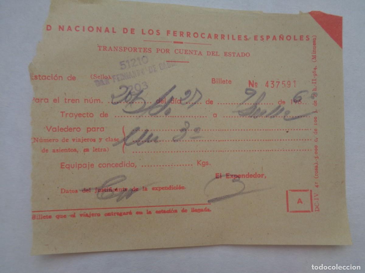 Coleccionismo billetes de transporte: RED NACIONAL FERROCARRILES ESPA&Ntilde;OLES, RENFE: BILLETE POR CUENTA DEL ESTADO. DE CADIZ A SEVILLA 1966