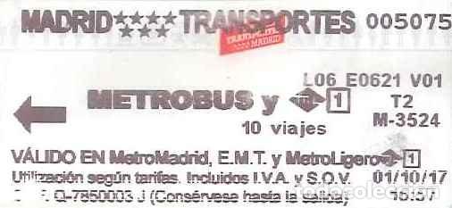 Coleccionismo billetes de transporte: BILLETE TRANSPORTES METRO DE MADRID - 10 VIAJES - 01-10-17