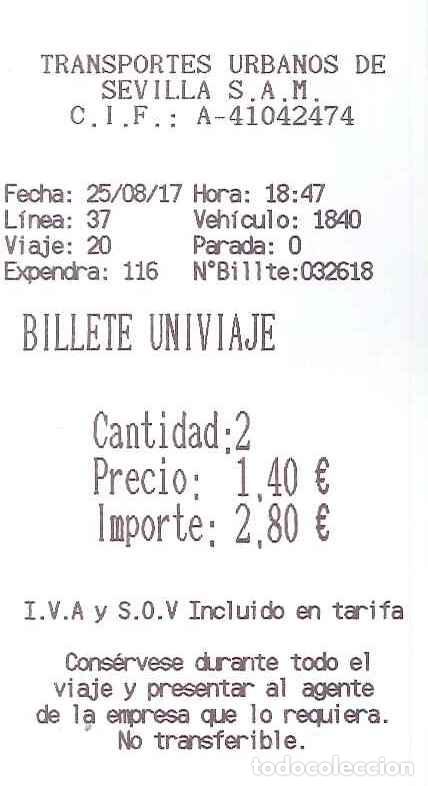 Coleccionismo billetes de transporte: BILLETE TRANSPORTES URBANOS DE SEVILLA - 25-08-17