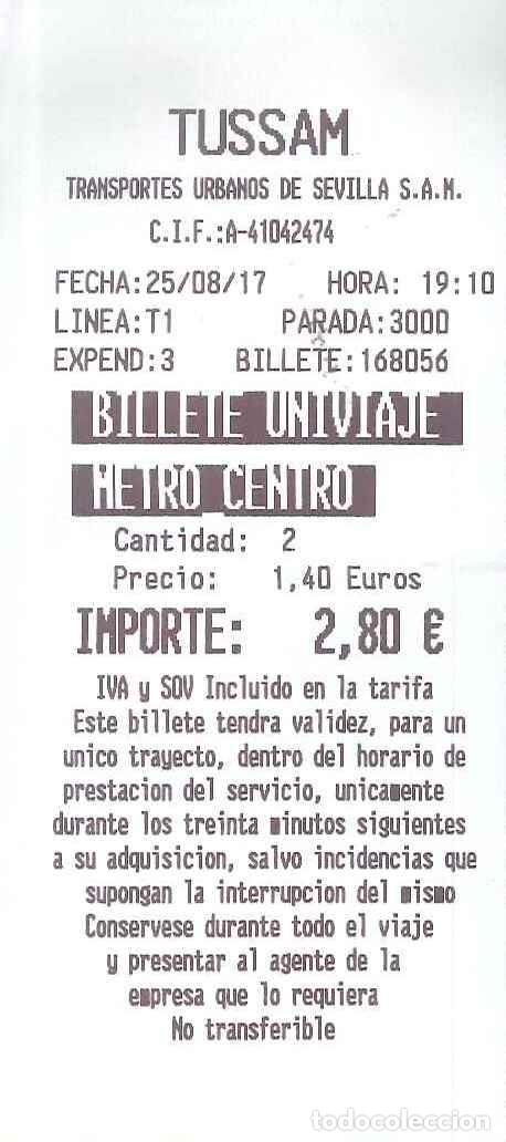 Coleccionismo billetes de transporte: BILLETE TRANSPORTES URBANOS DE SEVILLA - TRANV&Iacute;A - 25-08-17