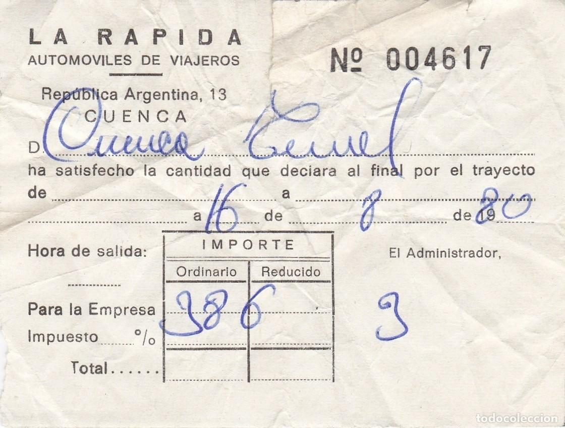 Coleccionismo billetes de transporte: Cuenca - La R&aacute;pida - Billete Cuenca Teruel - 16.08.1980 - 96x71mm