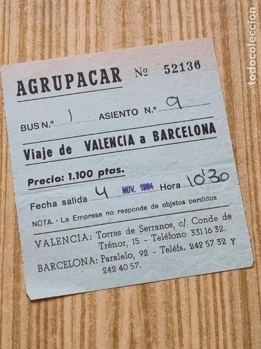 Coleccionismo billetes de transporte: BILLETE AGRUPACAR - TRAYECTO VALENCIA A BARCELONA - 1984