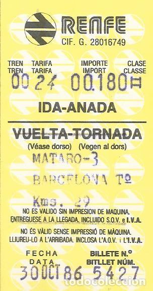Collectionnisme Billets de transport: Matar&oacute;-Barcelona. Billete de tren Ida y Vuelta. 1986. 7,5x4 cm.