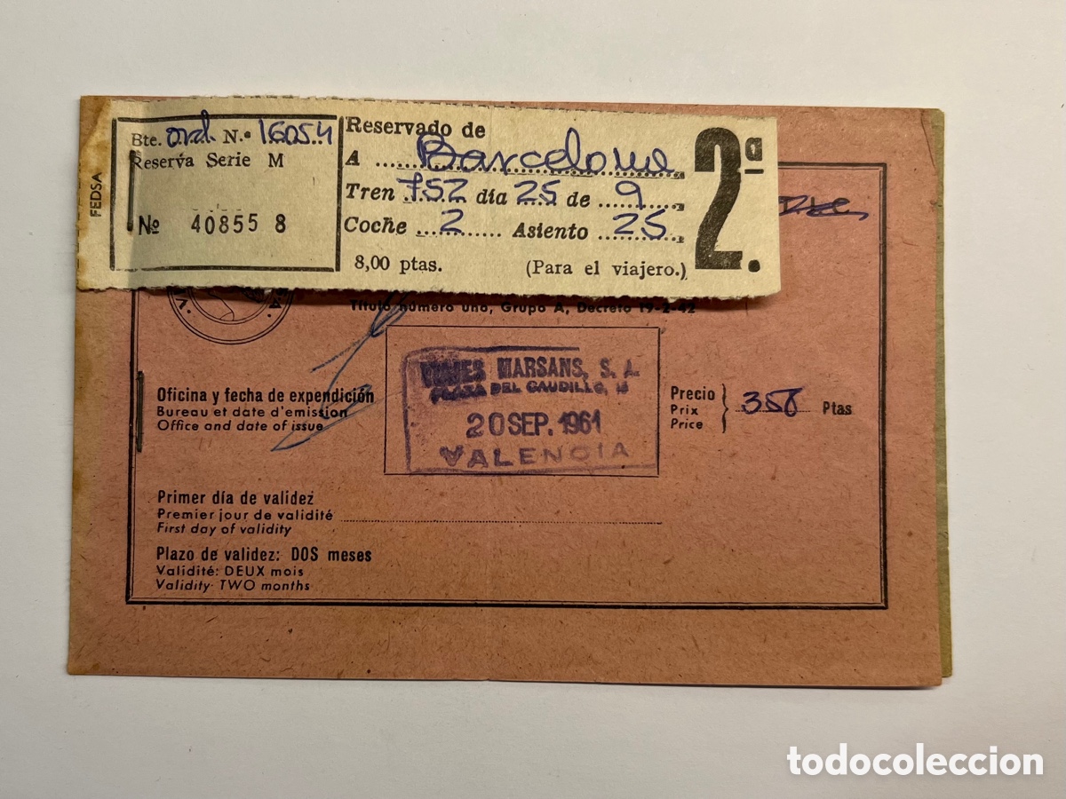 Coleccionismo billetes de transporte: VIAJES MARSANS. Agencia de viajes. Billete Ferrocarril RENFE Valencia- Barcelona (a.1961)