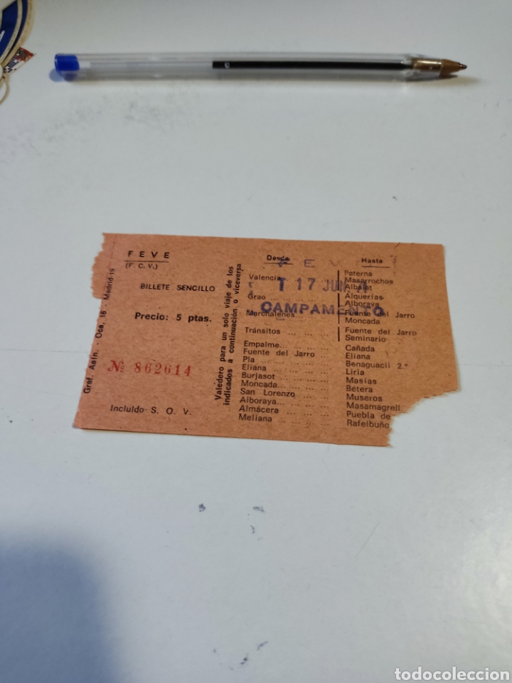 Coleccionismo billetes de transporte: Billete transporte FEVE billete sencillo de Valencia a Rafelbu&ntilde;ol