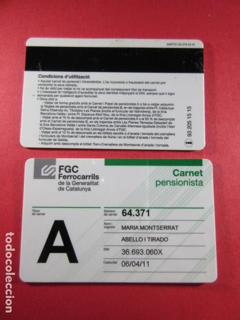 Sammeln von Fahrkarten: REF: COL_FGC_01 COLECCION FGC FERROCARRILES GENERALITAT TARJETA plastico A PENSIONISTA TIPO n&ordm; 1