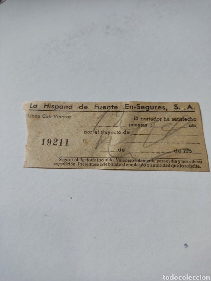 Coleccionismo billetes de transporte: Billete transporte La hispana de fuente en segures, l&iacute;nea Cati-Vinaroz a&ntilde;os 50
