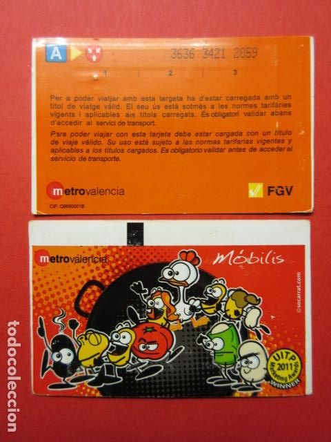 Collectables Transport Tickets: TARJETA MOBILIS VALENCIA UITP 2011 METRO MODELO LOGO TRAS. FGV 2 SOCARRAT FERROCARRILES GENERALITAT