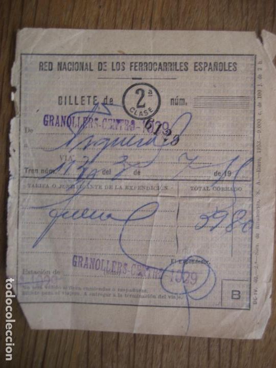 Sammeln von Fahrkarten: Granollers. Billete de 2 clase. A&ntilde;os 50