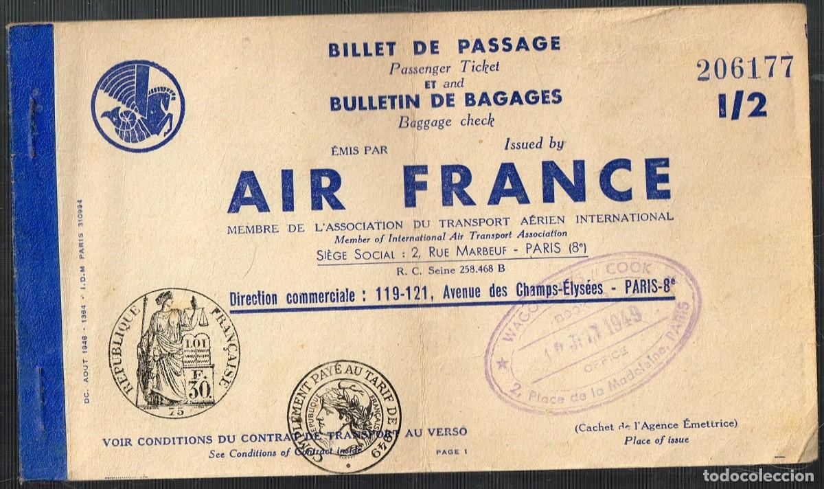 Sammeln von Fahrkarten: 1949 AIR FRANCE RESSAU A&Eacute;RIEN MONDIAL BILLETE DE PASAJE PARIS STOCKHOLM (ESTOCOLMO)