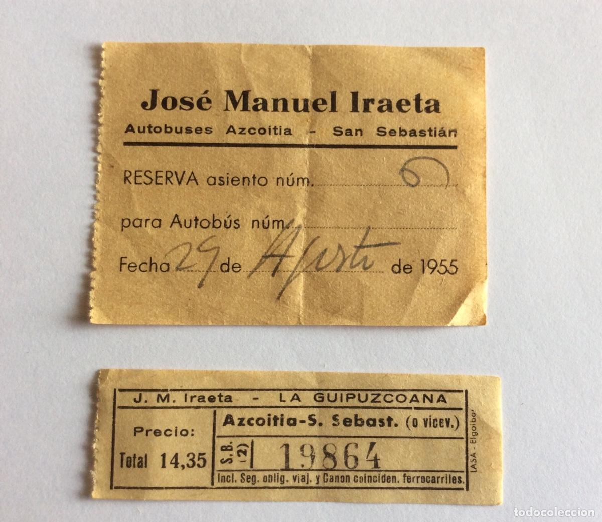 Colecionismos Bilhetes de Transporte: BILLETE AUTOB&Uacute;S Y RESERVA 14&rsquo;35 PTA A&Ntilde;O 1955 JOS&Eacute; MANUEL IRAETA LA GUIPUZCOANA AZCOITIA S SEBASTI&Aacute;N