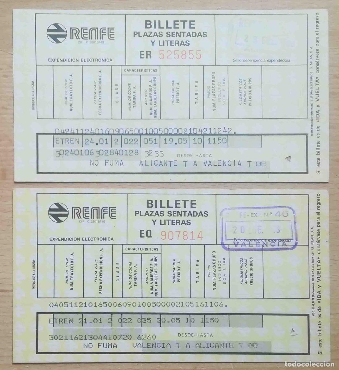 Collectionnisme Billets de transport: 2 billetes RENFE Ida y Vuelta Valencia - Alicante. 20 - 23 Enero 1988
