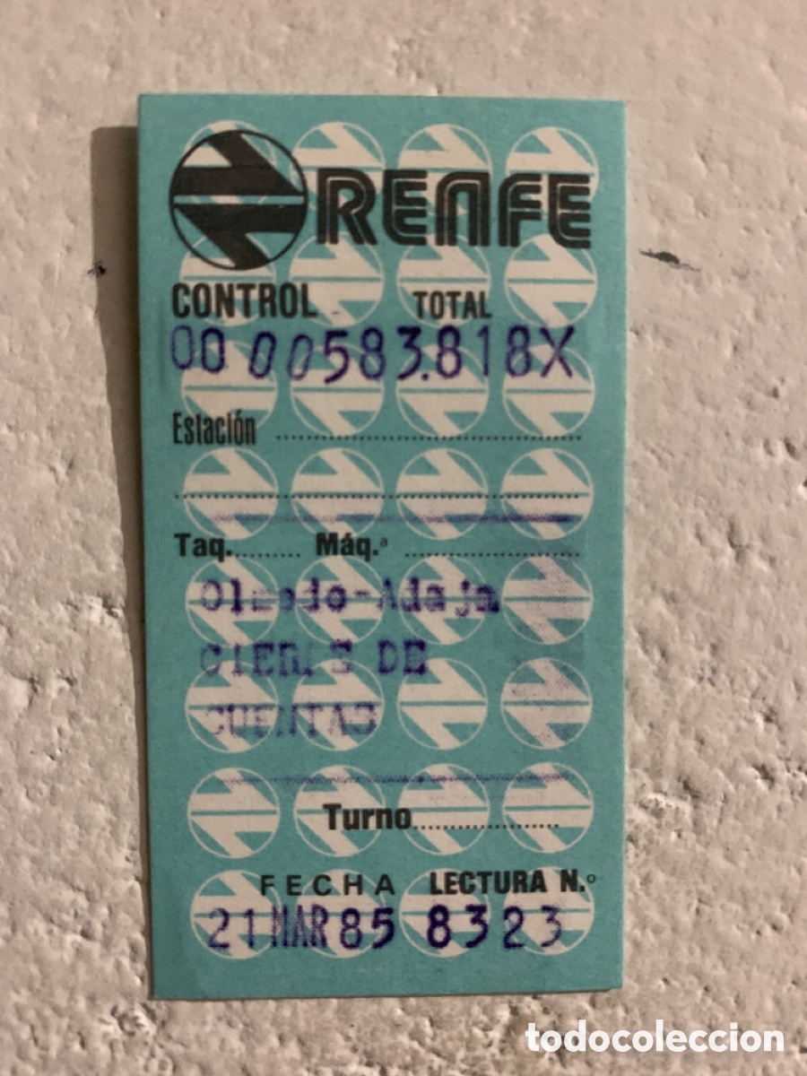 Collectionnisme Billets de transport: Billete // Cierre de cuentas // Olmedo de Adaja (L&iacute;nea Segovia - Medina) // Hugin // Renfe // 1985