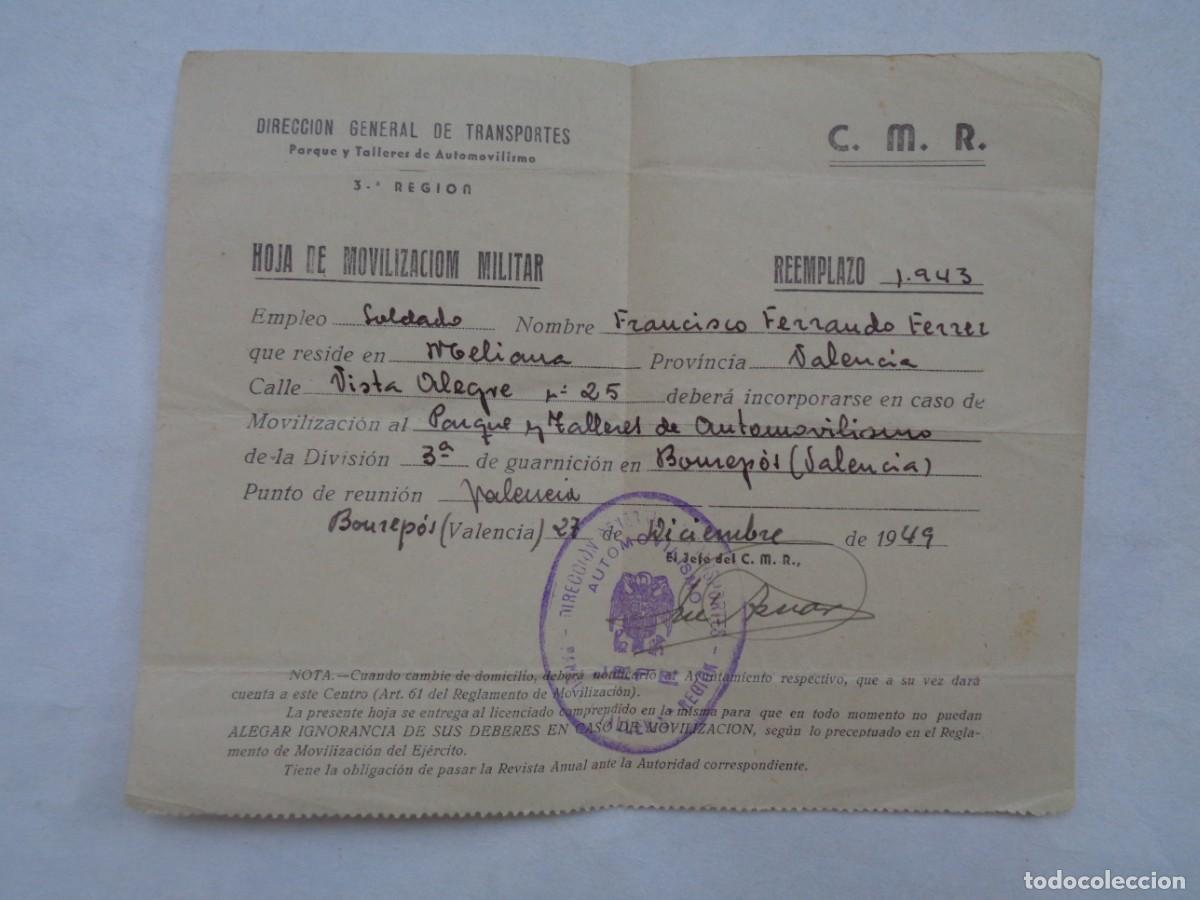 Collectionnisme Billets de transport: DIRECCION GENERAL DE TRANSPORTE - HOJA MOVILIZACION 3&ordf; REGION. BONREP&Oacute;S ( VALENCIA ) 1949