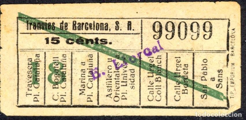 Colecionismos Bilhetes de Transporte: (F20/2) BILLETE DE TRANVIAS DE BARCELONA con sobrecarga E. LLORCAL/ ALB2.35
