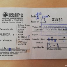 Coleccionismo Billetes de transporte: ANTIGUO BILLETE DE RENFE. ALICANTE - VALENCIA. (CALPE, ALTEA, BENIDORM...) TREN