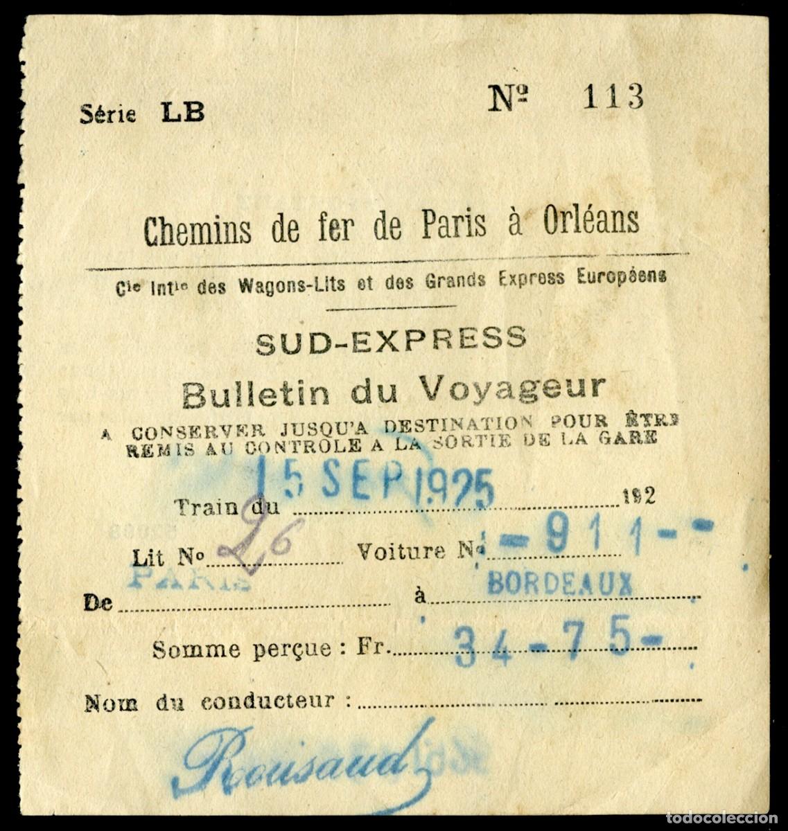 Colecionismos Bilhetes de Transporte: MUY ANTIGUO BILLETE DE FERROCARRIL DE PARIS A BURDEOS - 1925