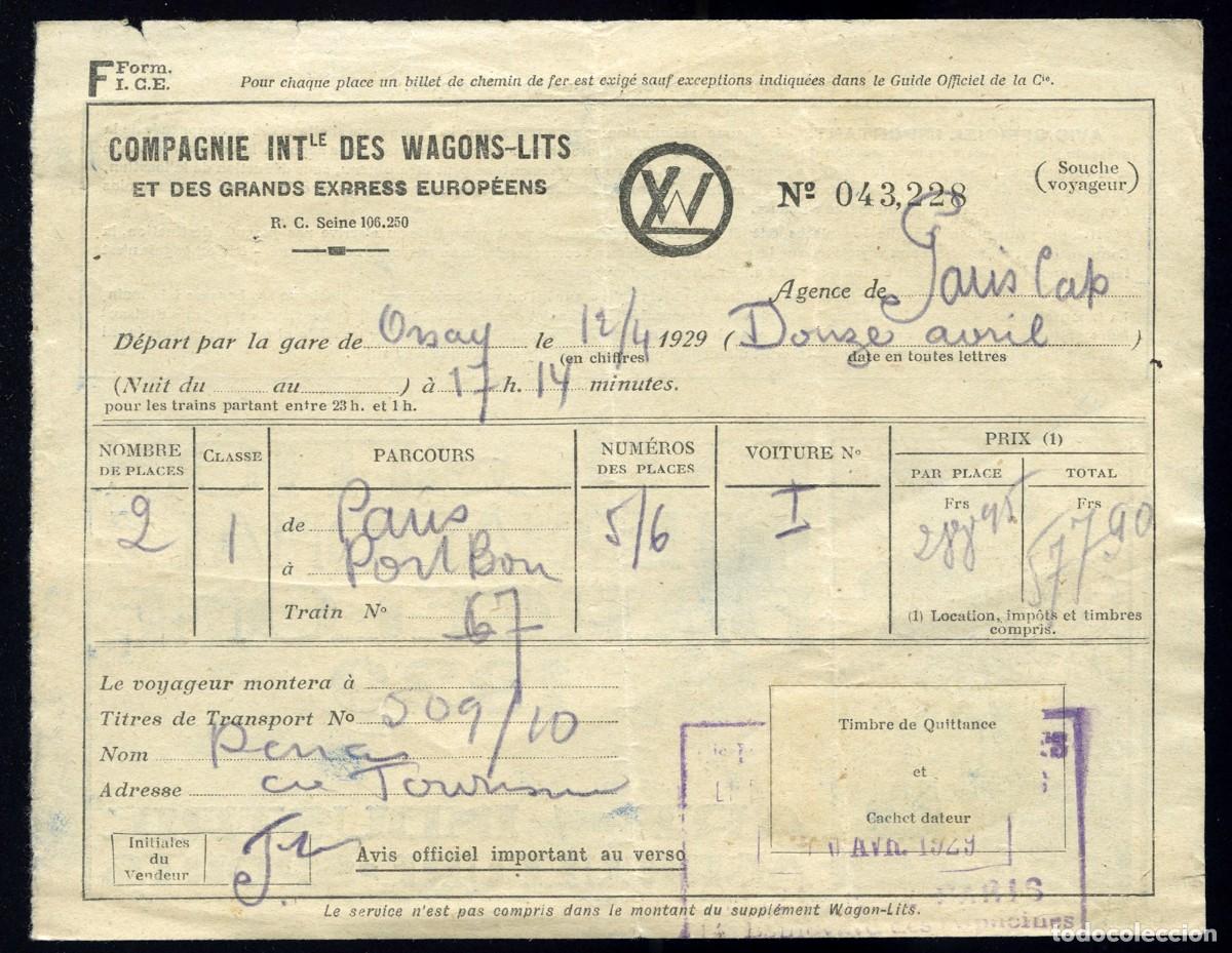 Colecionismos Bilhetes de Transporte: MUY ANTIGUO BILLETE DE FERROCARRIL COCHE CAMA DE PARIS A PORT BOU (GIRONA) - 1929 DORSO EXPO BCN