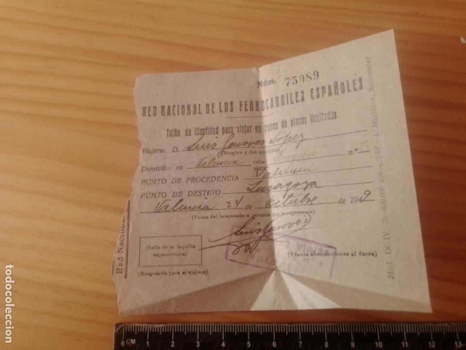 Colecionismos Bilhetes de Transporte: BILLETE DE RENFE 1949 Valencia Zaragoza