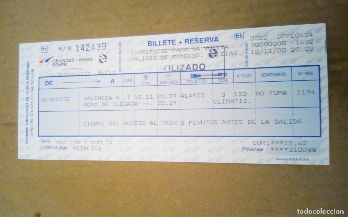 Colecionismos Bilhetes de Transporte: Billete + Reserva, ida y vuelta. De Albacete a Valencia. Tren Alaris 1194. Fecha 18-11-2000.