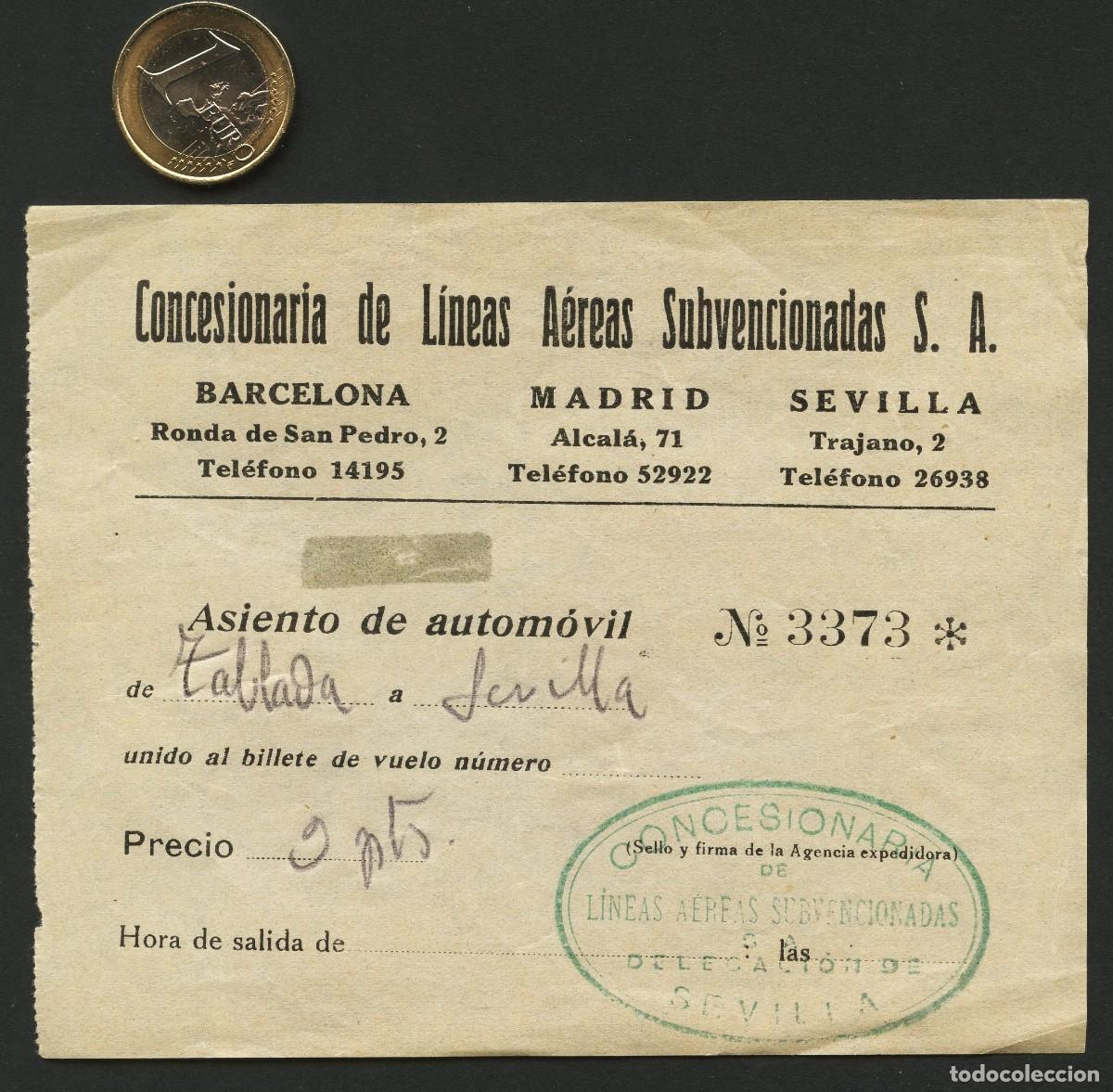 Colecionismos Bilhetes de Transporte: AVIACI&Oacute;N, BILLETE ANTIGUO, CONCESIONARIA DE L&Iacute;NEAS SUBVENCIONADAS, SEVILLA