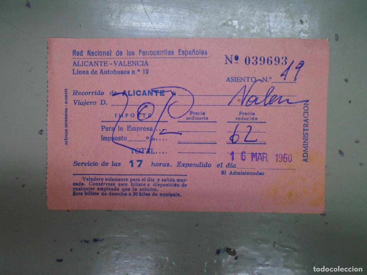 Colecionismos Bilhetes de Transporte: RED NACIONAL DE LOS FERROCARRILES ESPA&Ntilde;OLES.LINEA DE AUTOBUSES.BILLETE ALICANTE/VALENCIA 1960.