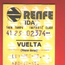 Coleccionismo Billetes de transporte: RENFE. BILLETE IDA Y VUELTA. LINARES BAEZA - MADRID ATOCHA. AÑO 1984....ZXY