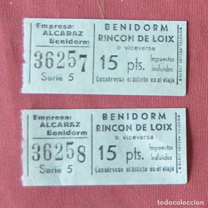 Coleccionismo Billetes de transporte: 2 BILLETES DE AUTOBUS CONSECUTIVOS - BENIDORM - RINCON DE LOIX - EMPRESA ALCARAZ - 15 PTAS.