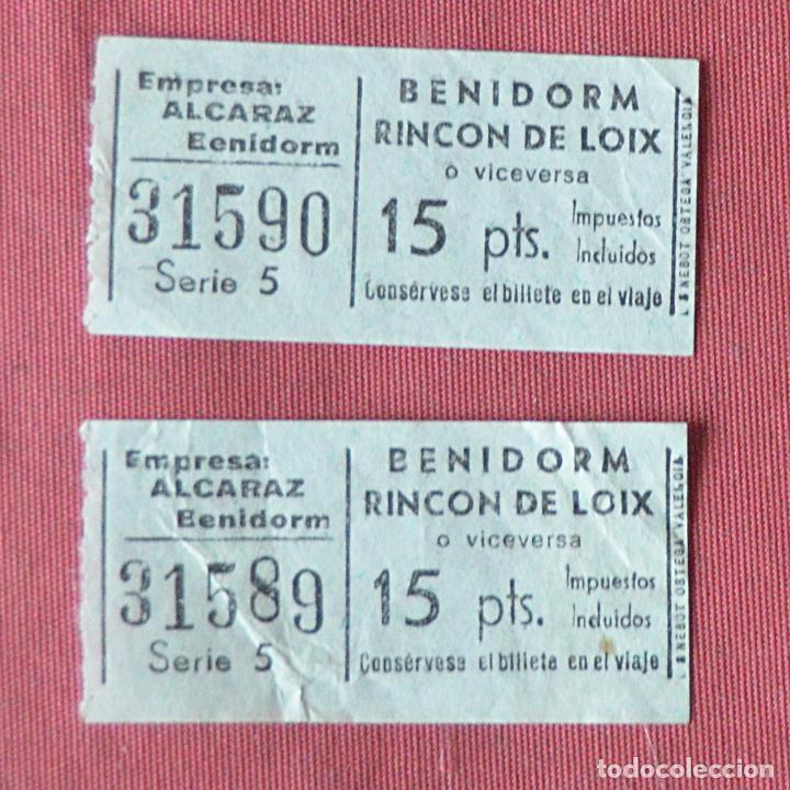 Coleccionismo Billetes de transporte: 2 BILLETES DE AUTOBUS CONSECUTIVOS - BENIDORM - RINCON DE LOIX - EMPRESA ALCARAZ - 15 PTAS.