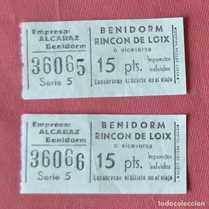 Coleccionismo Billetes de transporte: 2 BILLETES DE AUTOBUS CONSECUTIVOS - BENIDORM - RINCON DE LOIX - EMPRESA ALCARAZ - 15 PTAS.