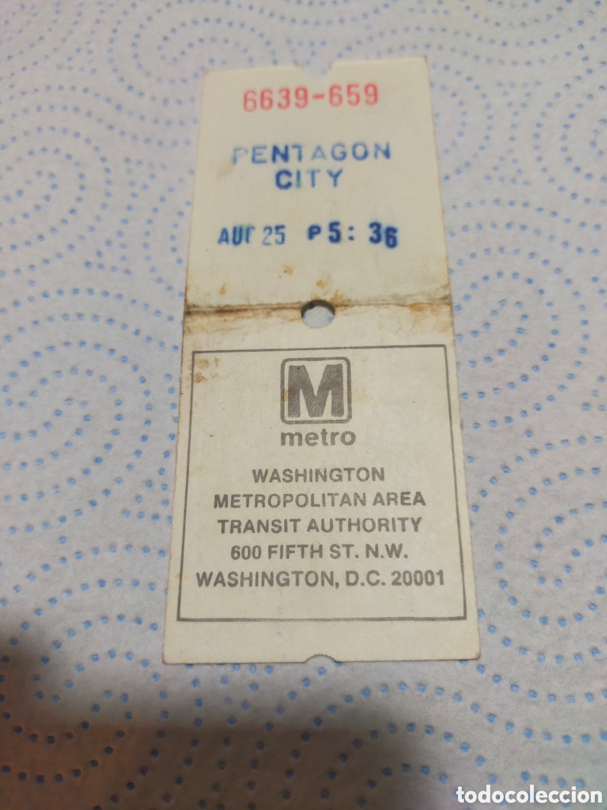 Collectionnisme Billets de transport: Muy antiguo billete de metro pent&aacute;gono Washington usa