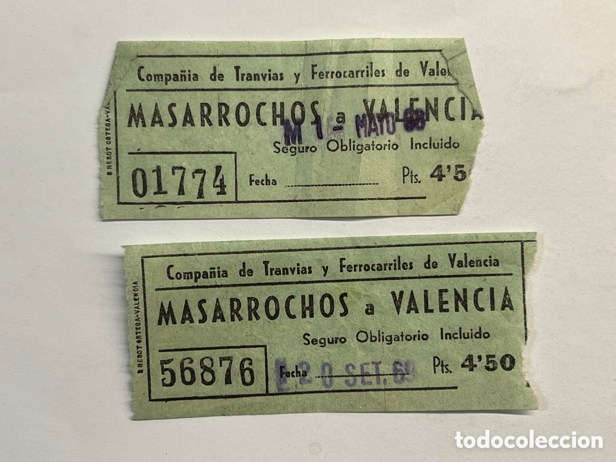 Collectionnisme Billets de transport: BILLETE (2) MASARROCHOS a VALENCIA. Compa&ntilde;&iacute;a de Tranv&iacute;as y Ferrocarriles de Valencia (a.1969)