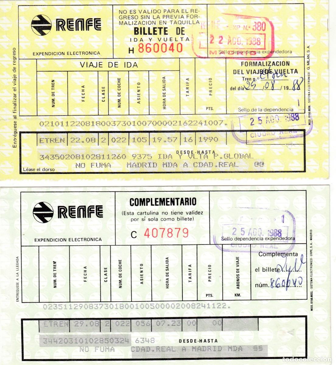 Colecionismos Bilhetes de Transporte: RENFE, BILLETE DE IDA Y VUELTA Y COMPLEMENTARIO MADRID - CIUDAD REAL, 1988, Env&iacute;o gratis
