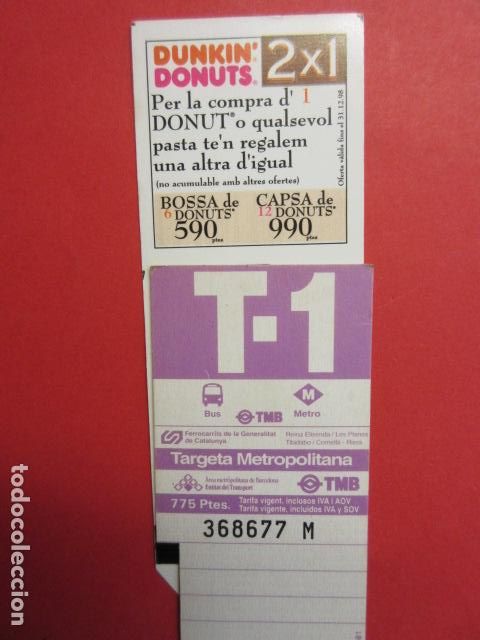 Colecionismos Bilhetes de Transporte: TARJETA RESISTIVA Ref: COL_RESISTIVA - COL_RES_T1 - 1998 - LILA - 775 Ptes. -serie M DUNKIN DONUTS