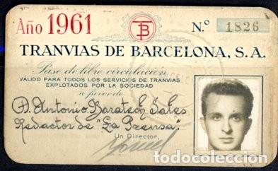 Colecionismos Bilhetes de Transporte: (F21/6) Pase de 1961 de TRANVIAS DE BARCELONA // ALB2- 36