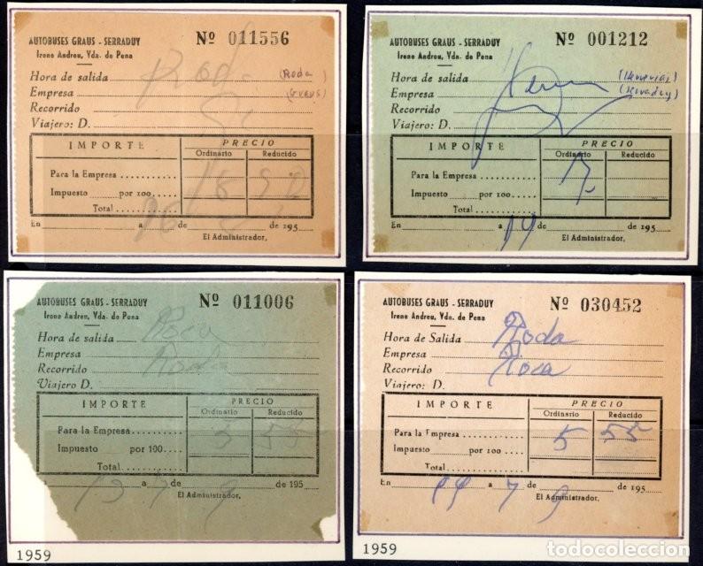 Sammeln von Fahrkarten: 4 BILLETES DE AUTOBUSES GRAUS - SERRADUY / A&Ntilde;OS 50 / RODA , ROCA // 9LG7