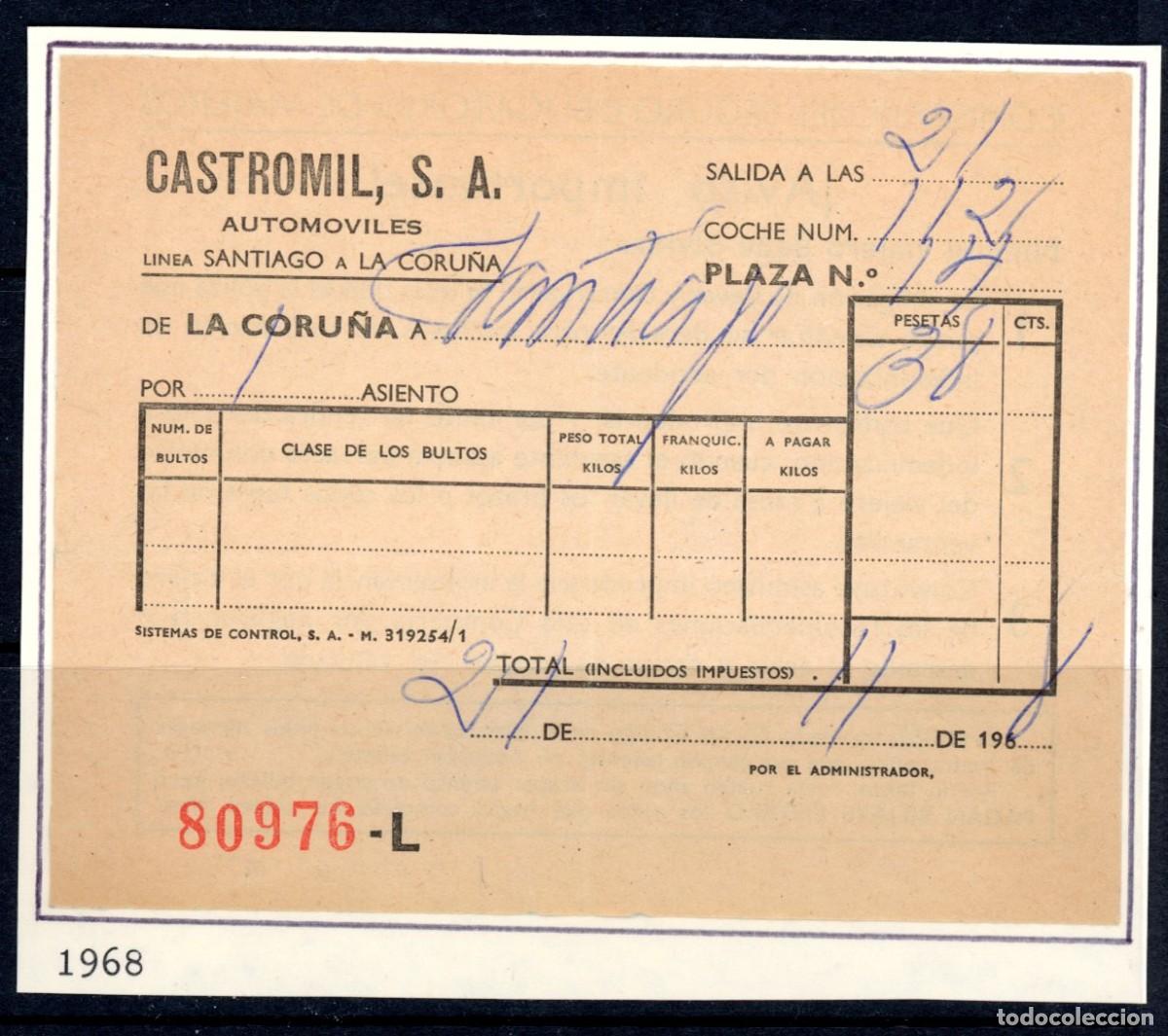 Sammeln von Fahrkarten: BILLETE DE AUTOMOVILES CASTROMIL, S.A. / SANTIAGO , LA CORU&Ntilde;A / A&Ntilde;OS 60. // 9LG20