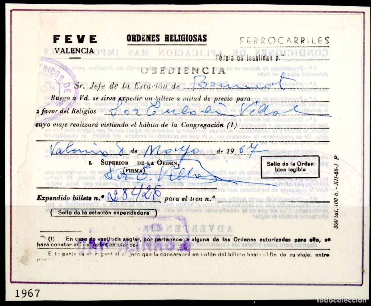 Sammeln von Fahrkarten: BILLETE DE FEVE VALENCIA / ORENES RELIGIOSAS / 1967 // 9LG29