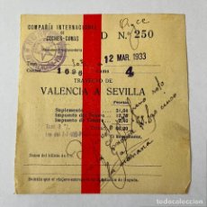 Coleccionismo Billetes de transporte: COMPAÑIA INTERNACIONAL DE COCHES-CAMA. BILLETE FERROCARRIL VALENCIA-SEVILLA. 1933. RARO.