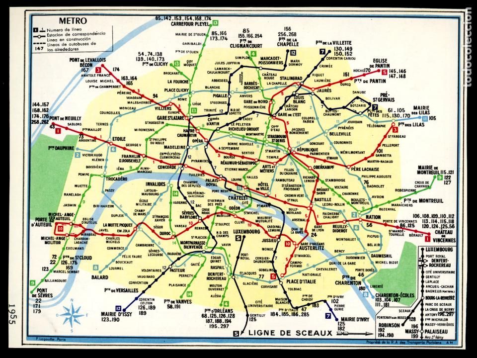 Colecionismos Bilhetes de Transporte: PLANO DE LA RED DE METROS DE PARIS /FRANCIA / A&Ntilde;O 1955 / 12LG36