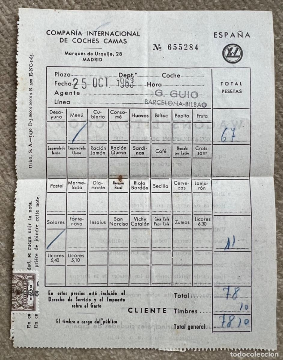 Collectables Transport Tickets: Billete Compa&ntilde;&iacute;a Internacional de Coches Camas - A&ntilde;o 1963 - Wagons Lits Cook (Barcelona - Bilbao)