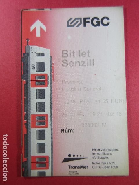 Colecionismos Bilhetes de Transporte: PROVEN&Ccedil;A HOSPITAL GEN 275 - REF: COL_FGC_01 COLECCION FGC FERROCARRILES GENERALITAT BILLETE SENZILL