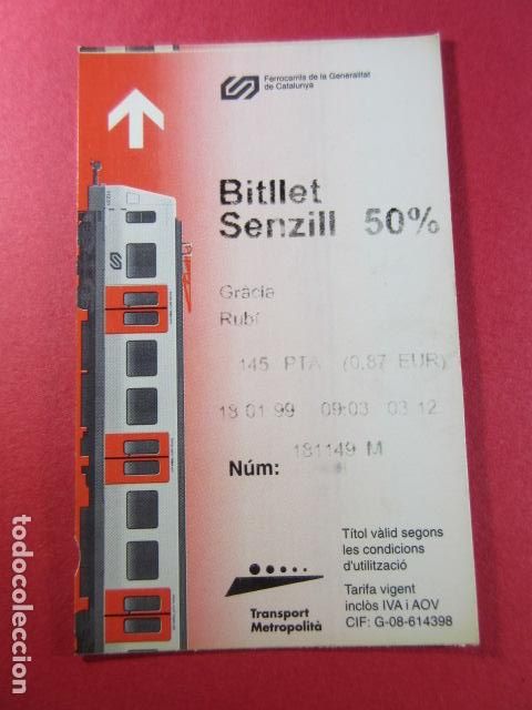 Colecionismos Bilhetes de Transporte: GRACIA RUBI 145 REF: COL_FGC_01 COLECCION FGC FERROCARRILES GENERALITAT BILLETE SENZILL 50%