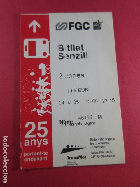 Colecionismos Bilhetes de Transporte: 2 ZONAS 1.65 25 A&Ntilde;OS - REF: COL_FGC_01 COLECCION FGC FERROCARRILES GENERALITAT BILLETE SENZILL
