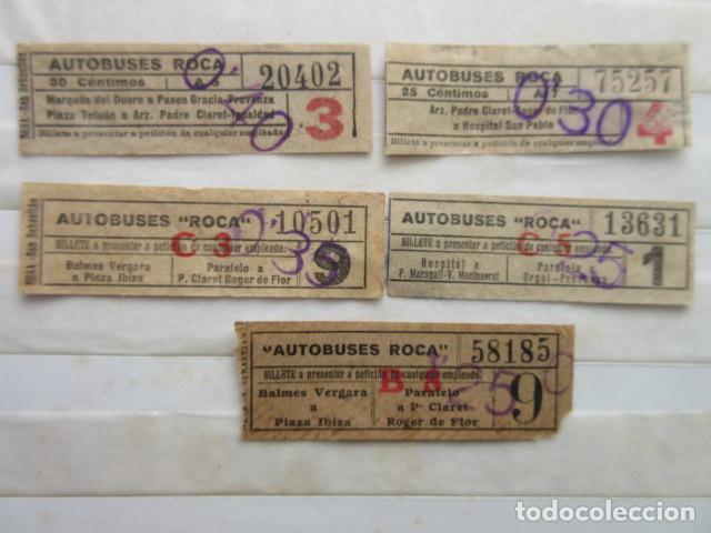 Coleccionismo Billetes de transporte: 5 BILLETE CAPICUA 75257 13631 20402 10501 58185 AUTOBUSES ROCA BARCELONA CON SELLO SOBRECARGA