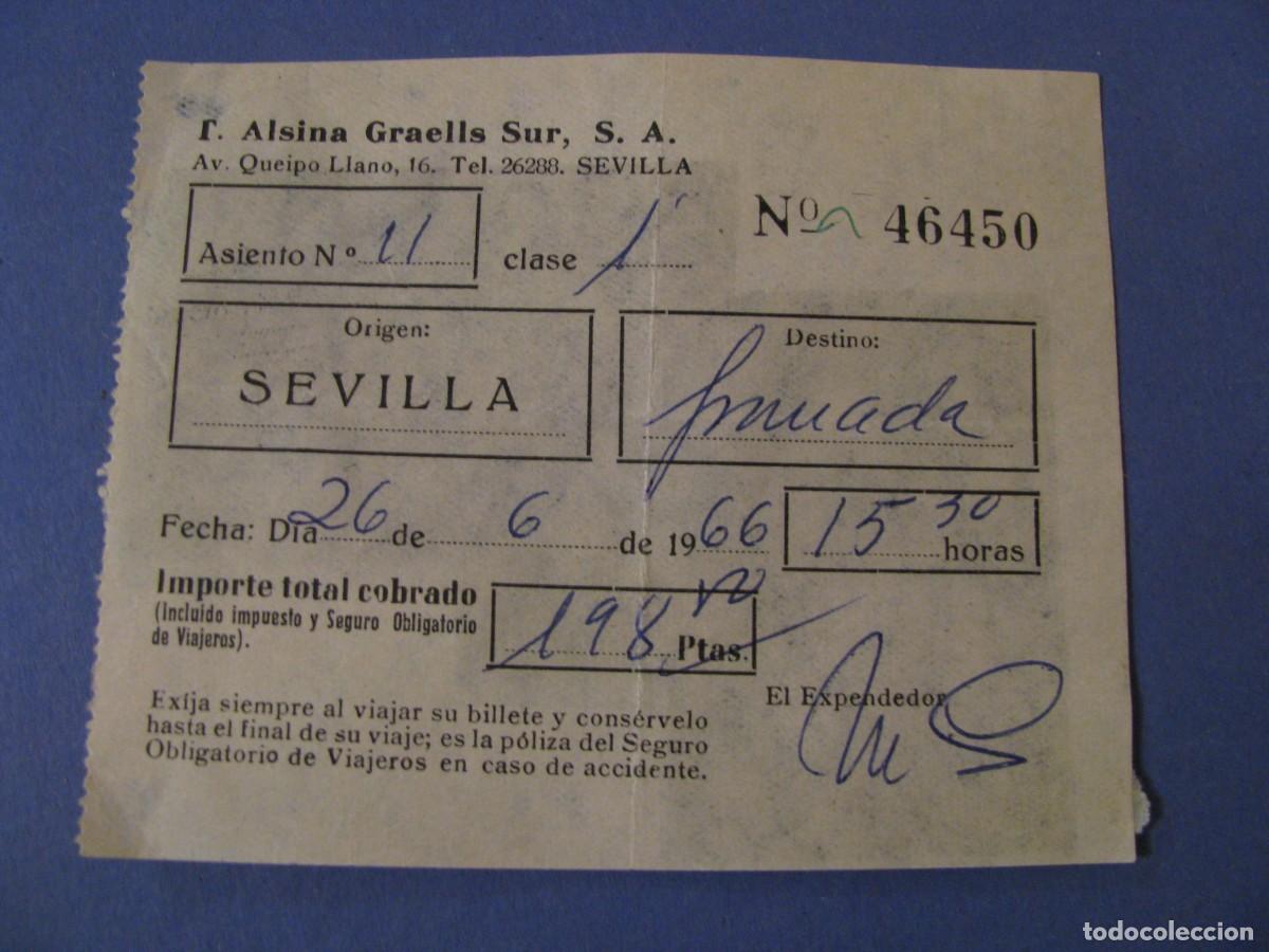 Sammeln von Fahrkarten: BILLETE DE AUTOBUS. ALSINA GRAELLS SUR. SEVILLA. SEVILLA - GRANADA. 1966.