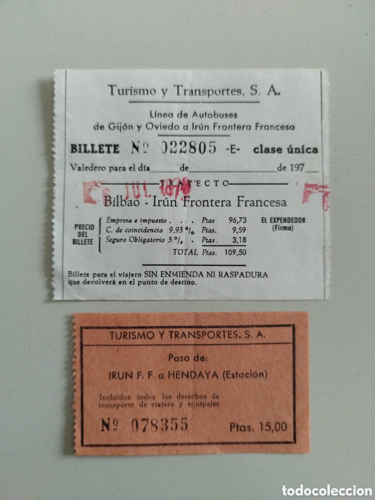 Collectables Transport Tickets: Billetes de transporte Bilbao Irun e Irun Hendaya a&ntilde;os 70 L&iacute;neas Autobuses Gij&oacute;n y Oviedo a frontera