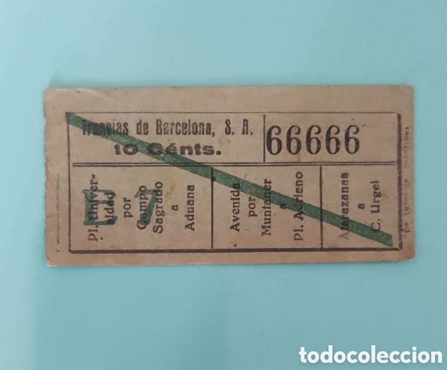 Collectables Transport Tickets: Billete Tranv&iacute;as de Barcelona.10 c&eacute;ntimos, capic&uacute;a 66666